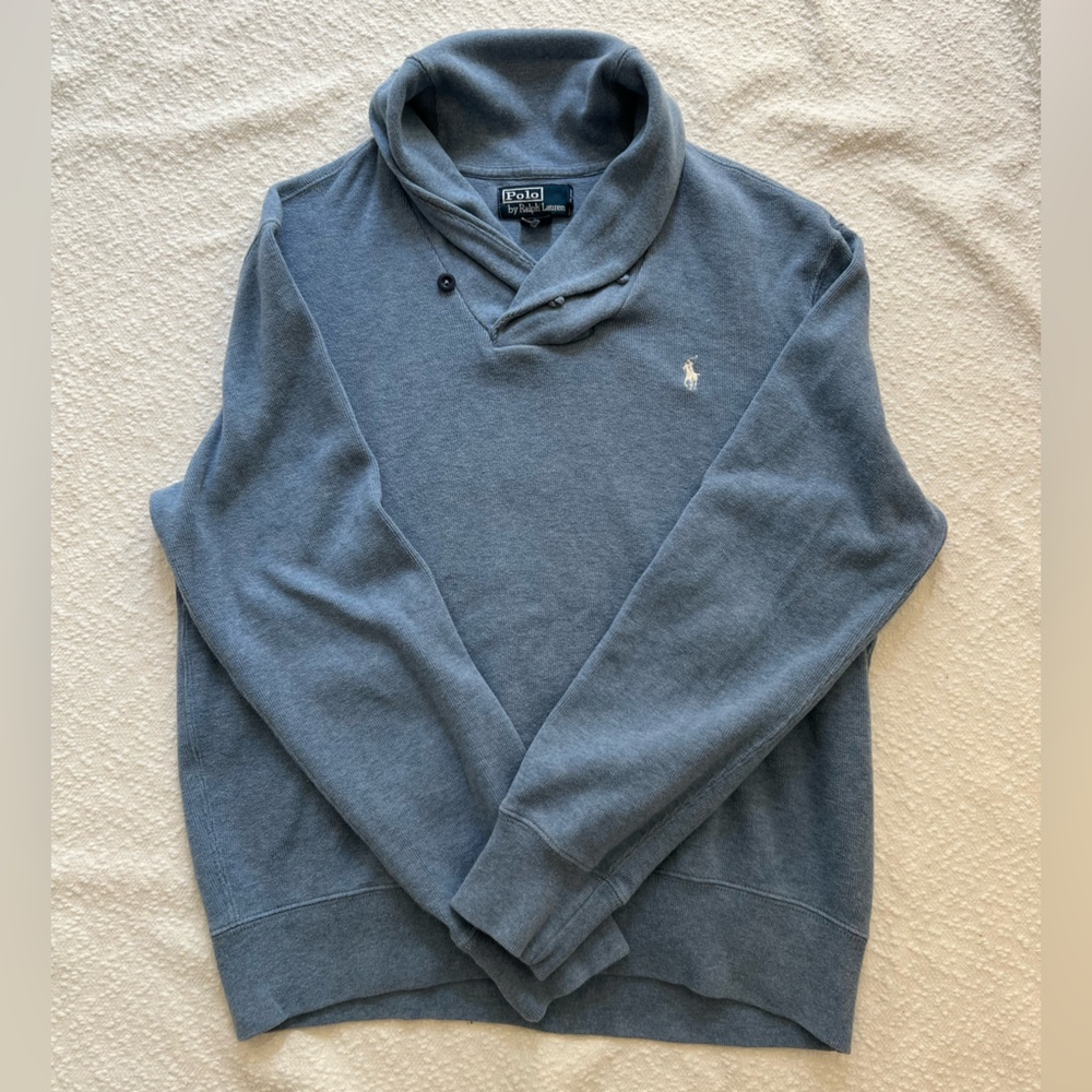 Polo Ralph Lauren Blue Shawl Neck Cotton Sweater with Loop and Button detail.